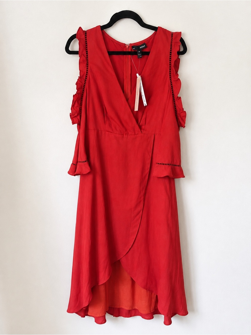 NWT AQUA Ruffle Faux Wrap High Low Midi Dress Rust Size S